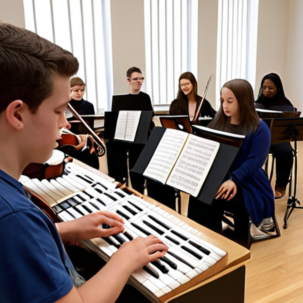 ** A music theory class in session, with students engaged in a lesson about counterpoint using a Bach fugue example. Show a diverse group of students with various learning styles being accommodated.

**