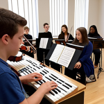 ** A music theory class in session, with students engaged in a lesson about counterpoint using a Bach fugue example. Show a diverse group of students with various learning styles being accommodated.

**