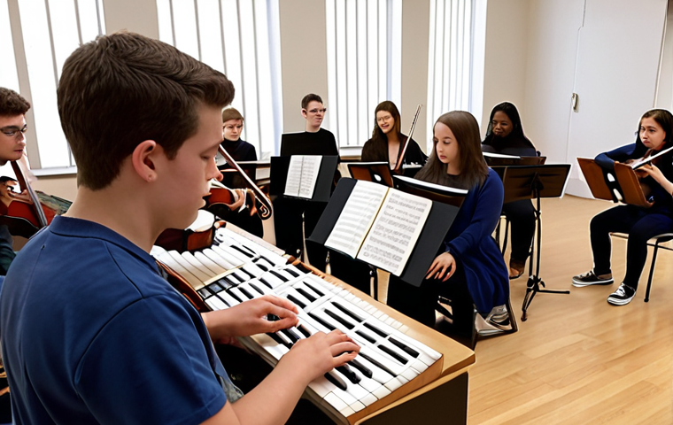 ** A music theory class in session, with students engaged in a lesson about counterpoint using a Bach fugue example. Show a diverse group of students with various learning styles being accommodated.
**